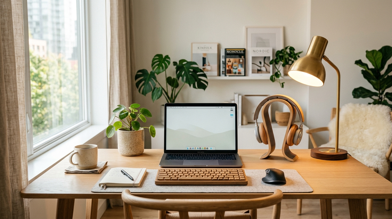Setup escandinavo minimalista com teclado, fone e plantas